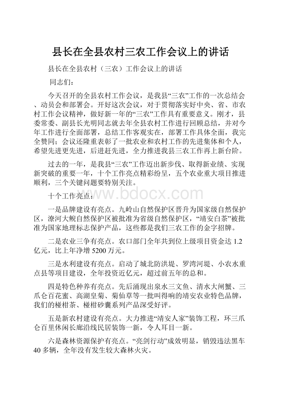 县长在全县农村三农工作会议上的讲话.docx