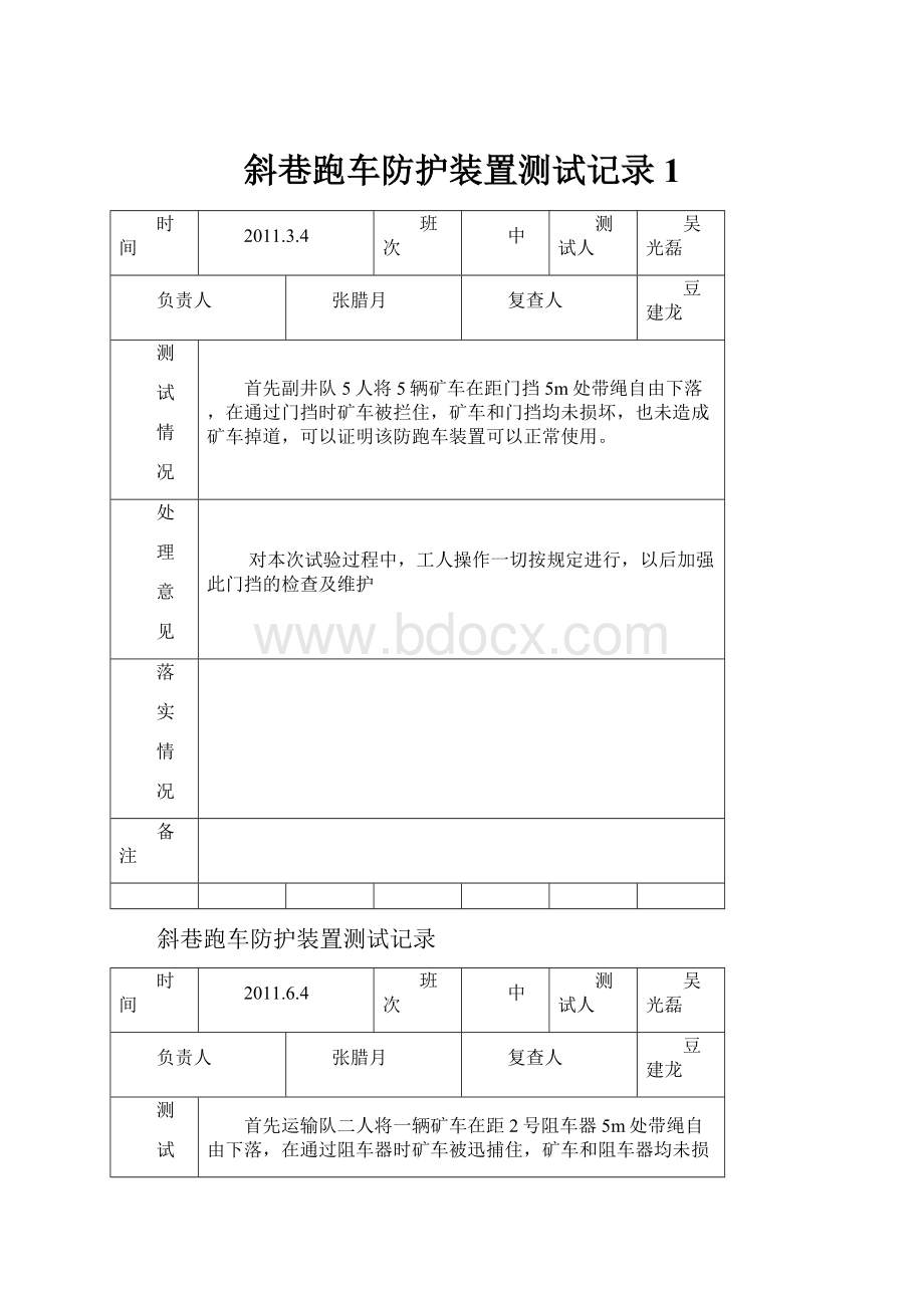 斜巷跑车防护装置测试记录1.docx