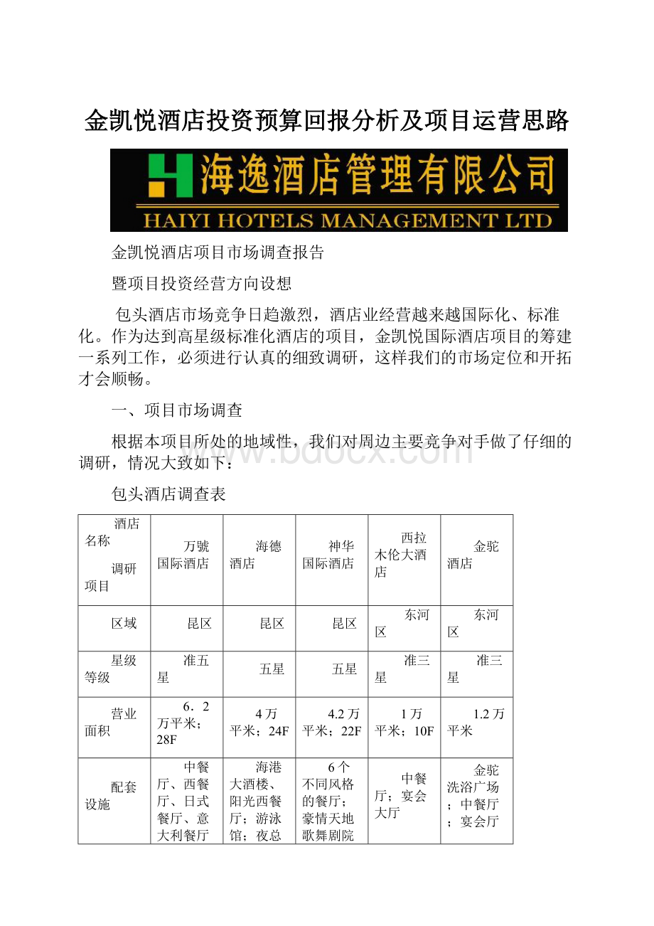 金凯悦酒店投资预算回报分析及项目运营思路.docx_第1页