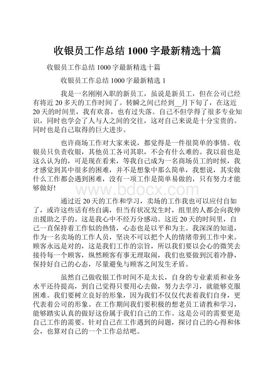 收银员工作总结1000字最新精选十篇.docx