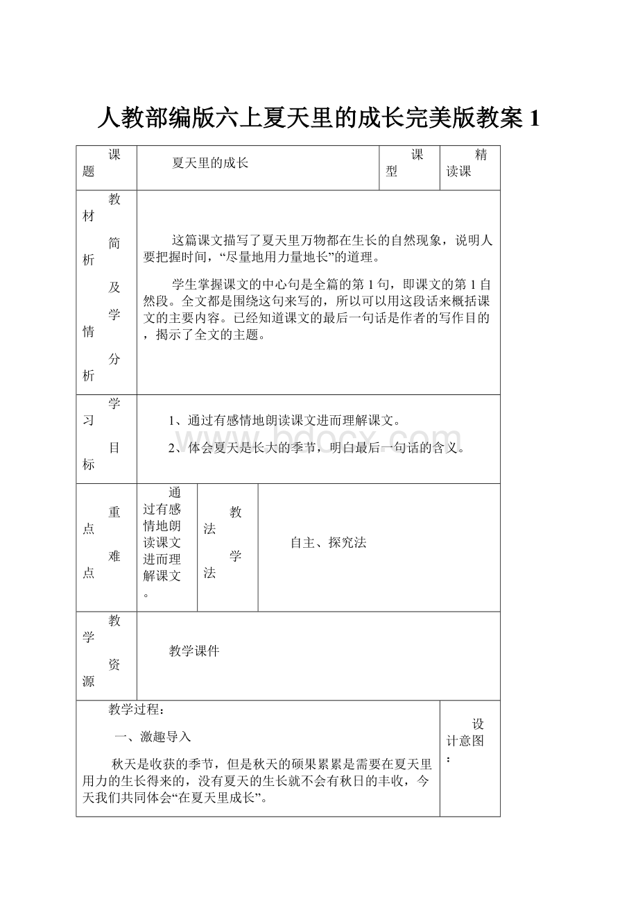 人教部编版六上夏天里的成长完美版教案1.docx