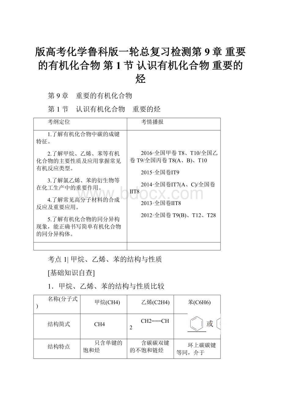 版高考化学鲁科版一轮总复习检测第9章 重要的有机化合物 第1节 认识有机化合物 重要的烃.docx