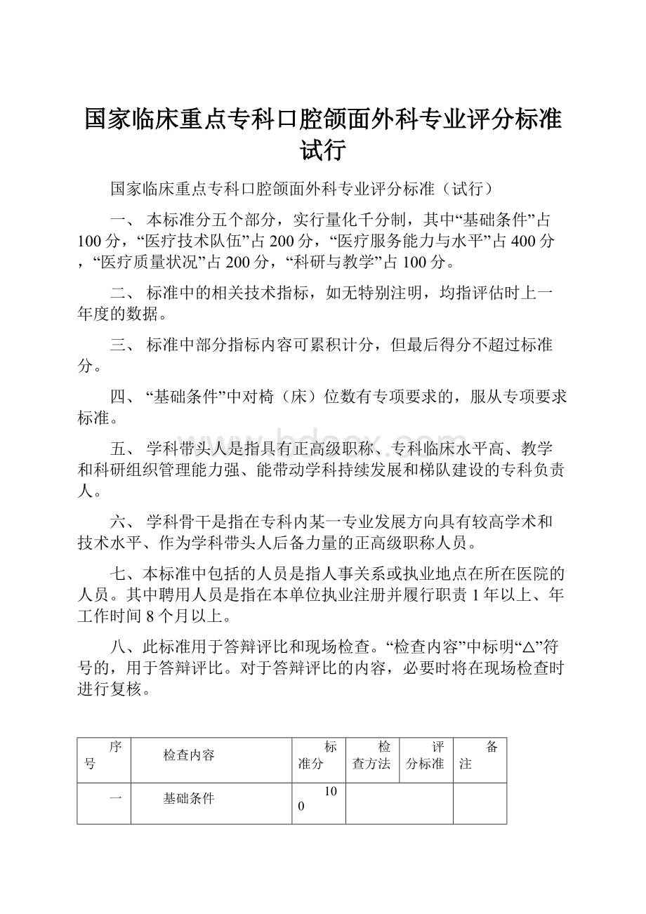 国家临床重点专科口腔颌面外科专业评分标准试行.docx_第1页