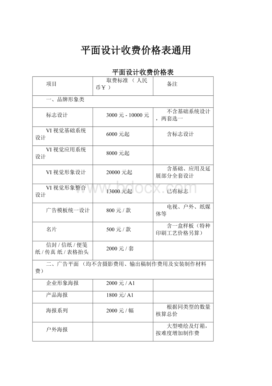 平面设计收费价格表通用.docx_第1页