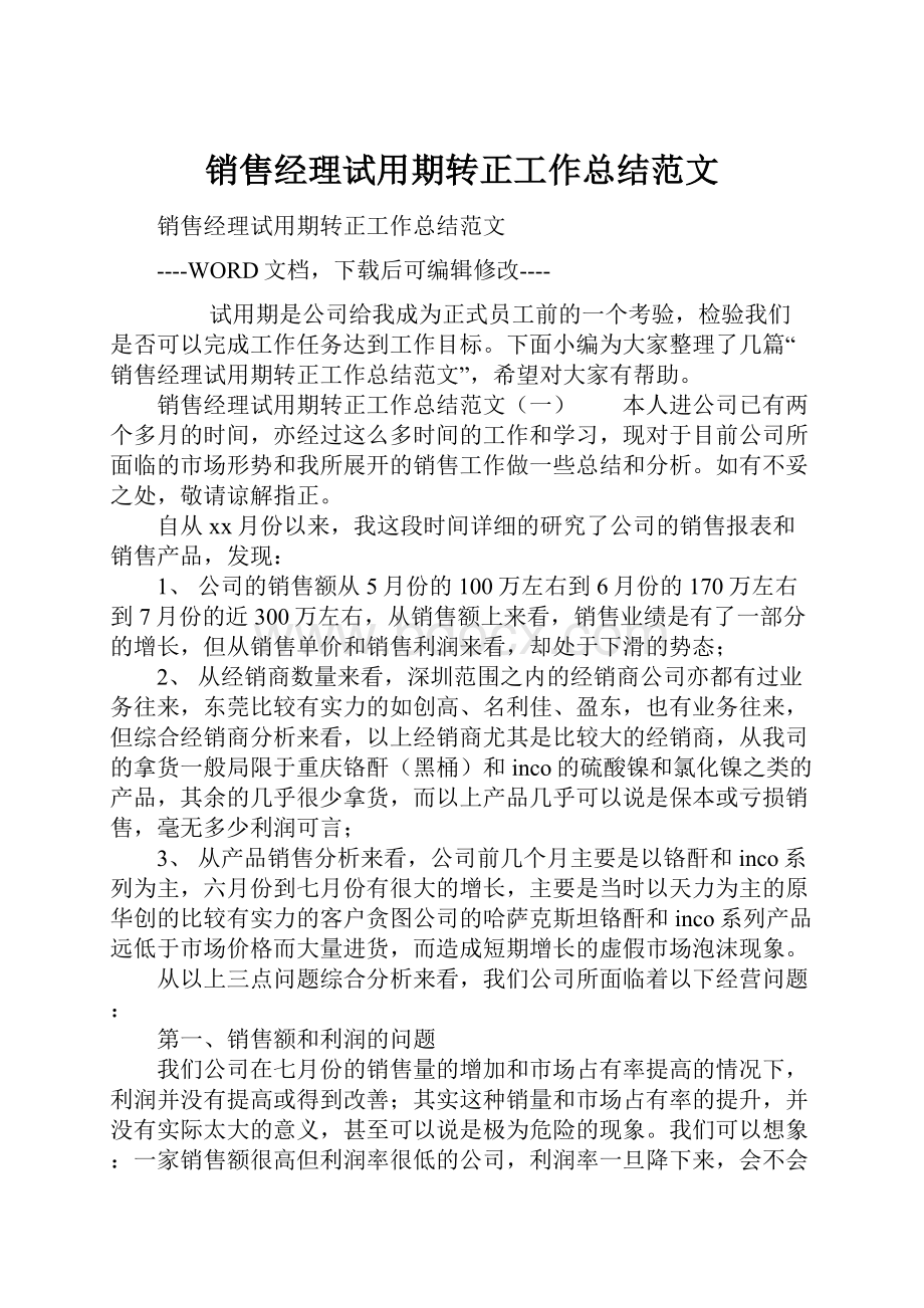 销售经理试用期转正工作总结范文Word下载.docx