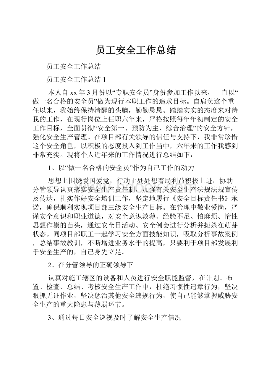 员工安全工作总结文档格式.docx