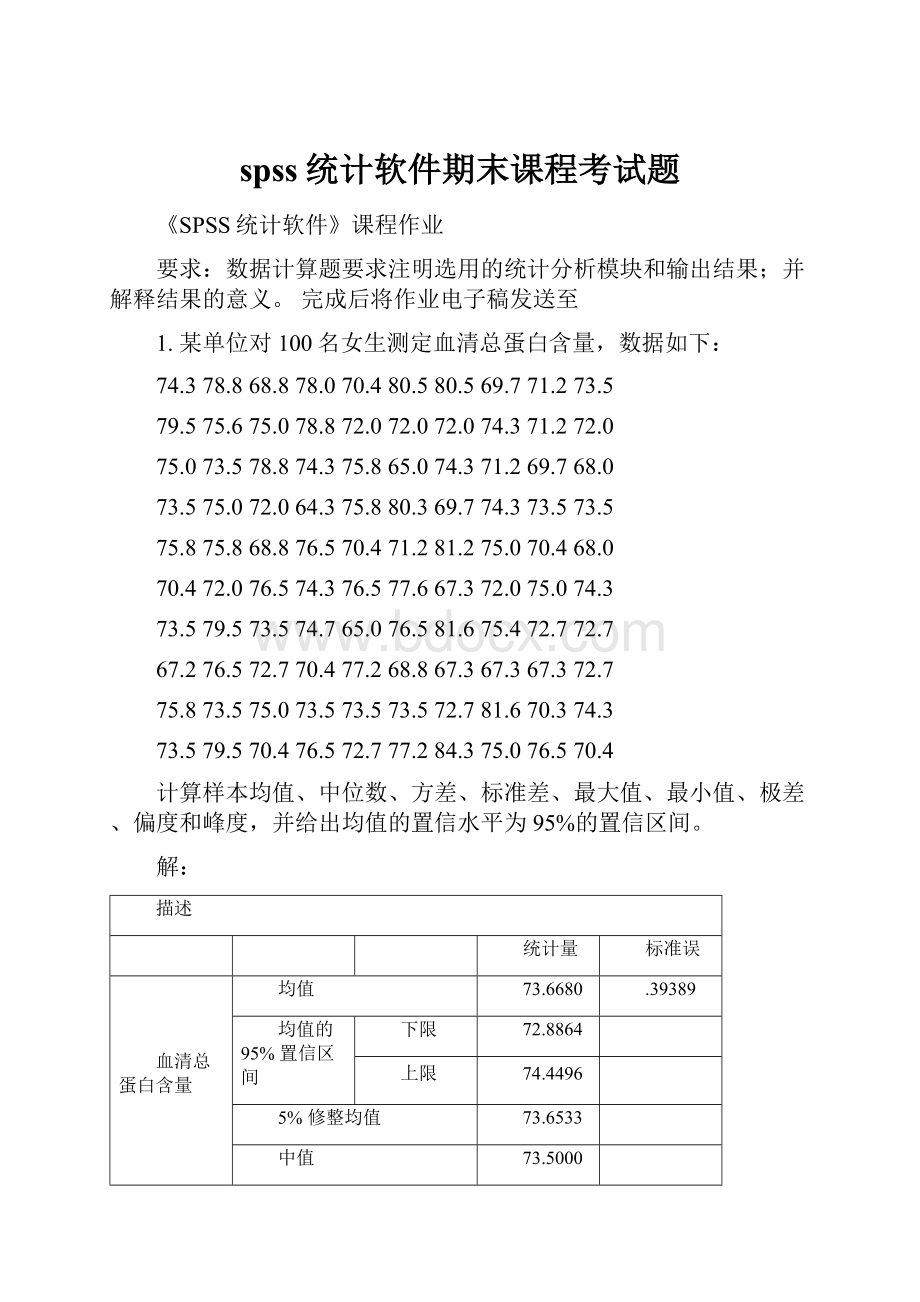 spss统计软件期末课程考试题.docx_第1页