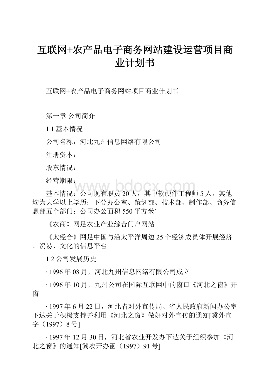 互联网+农产品电子商务网站建设运营项目商业计划书.docx_第1页