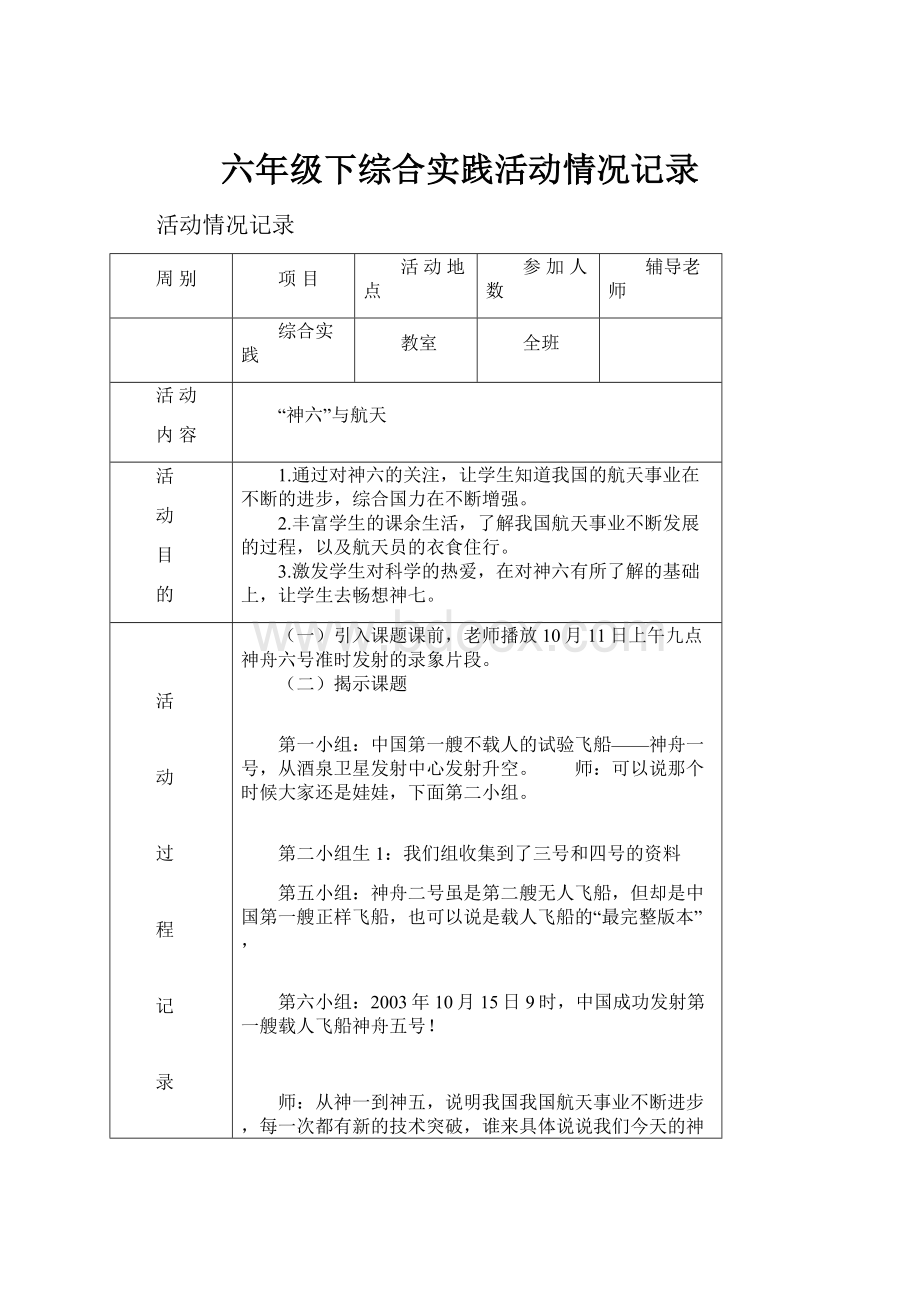 六年级下综合实践活动情况记录Word文档下载推荐.docx_第1页