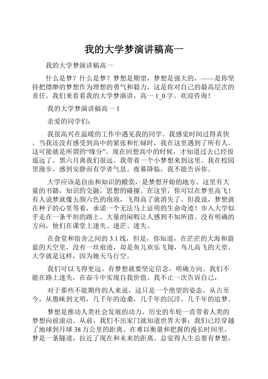 我的大学梦演讲稿高一.docx