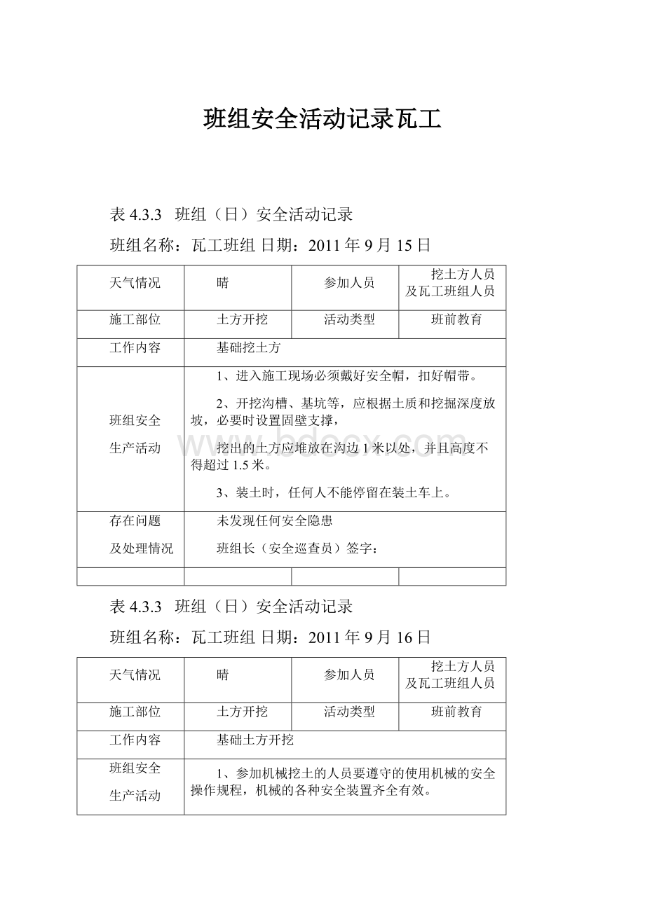 班组安全活动记录瓦工Word文档格式.docx