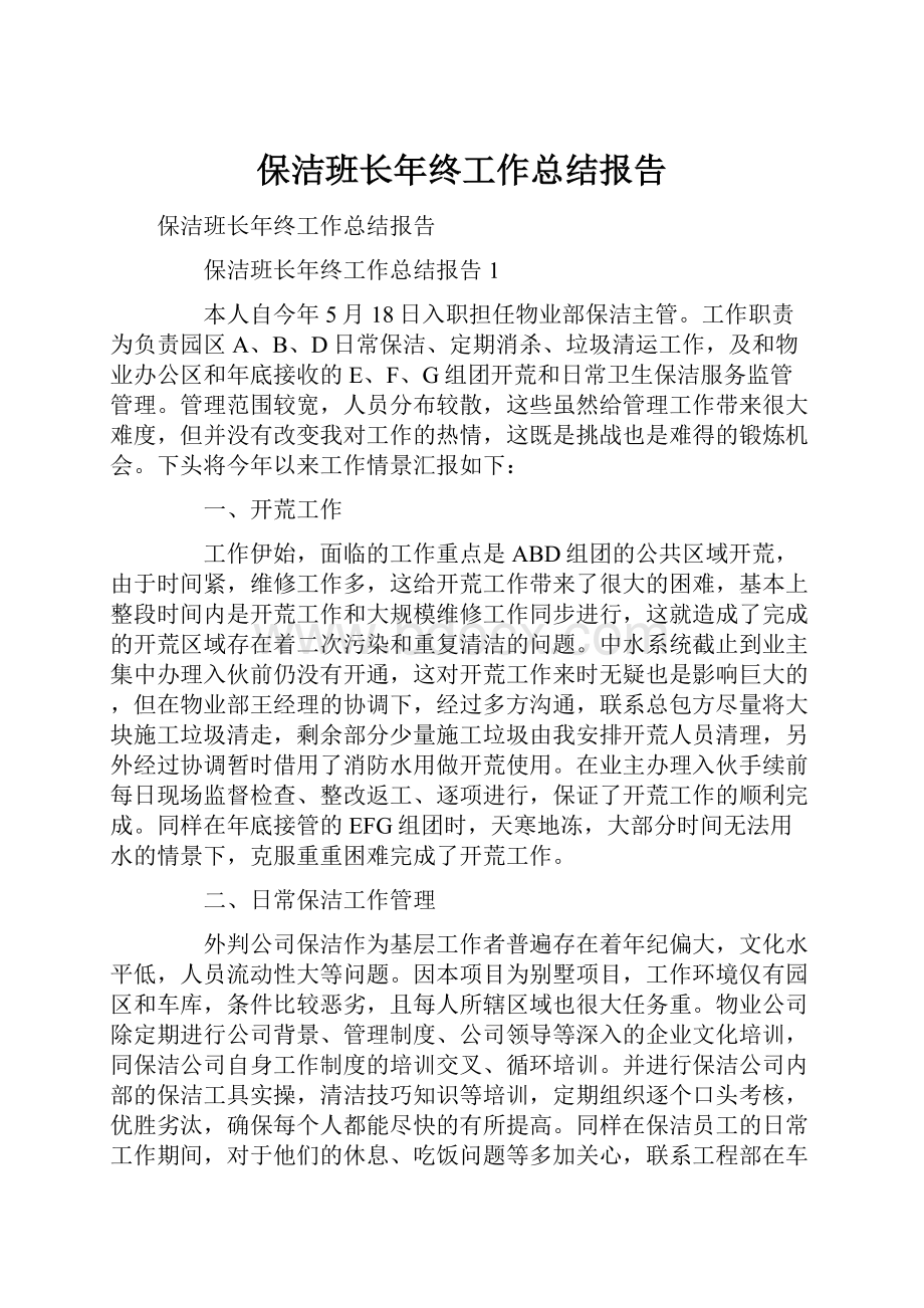 保洁班长年终工作总结报告.docx_第1页