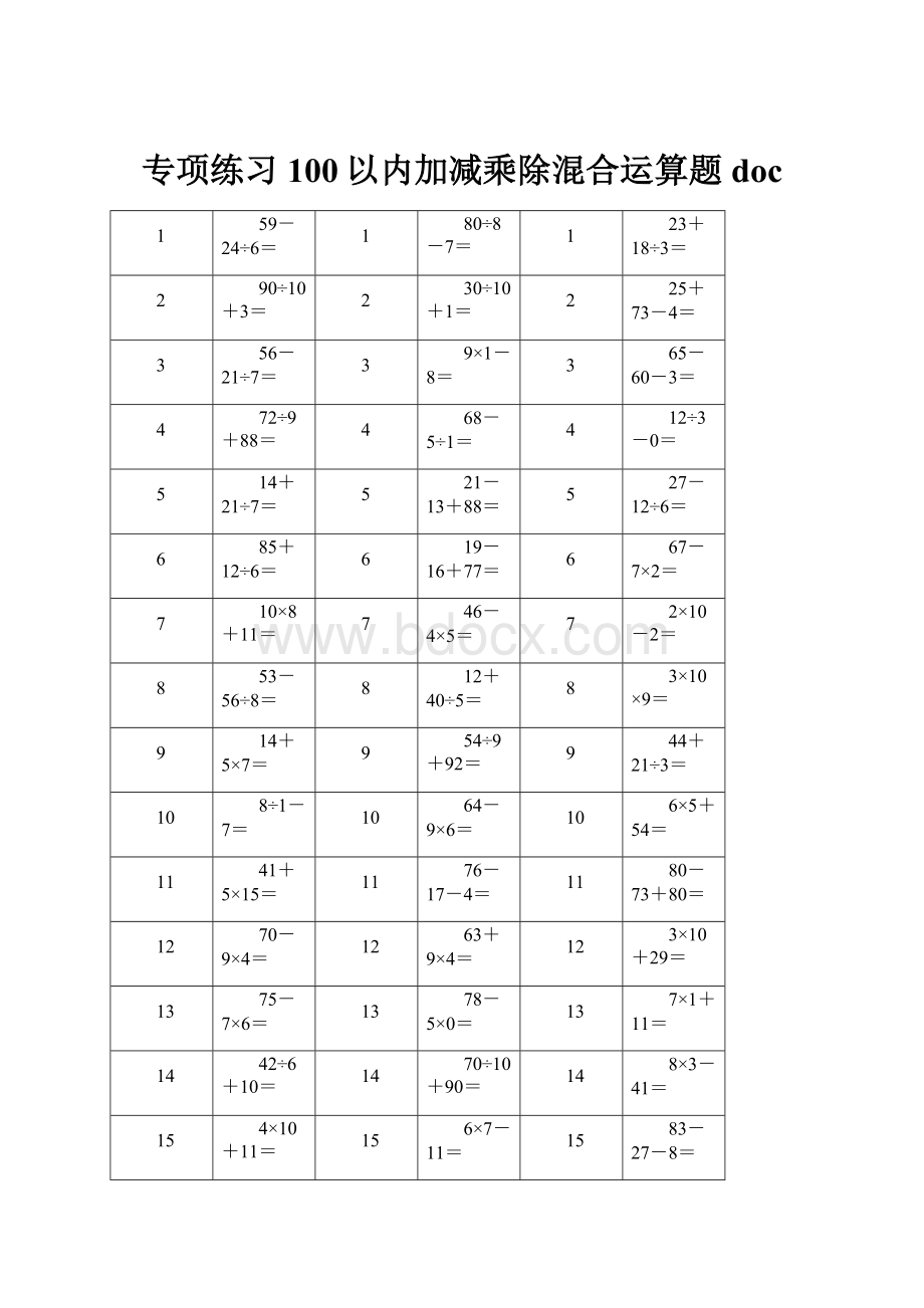 专项练习100以内加减乘除混合运算题docWord格式.docx