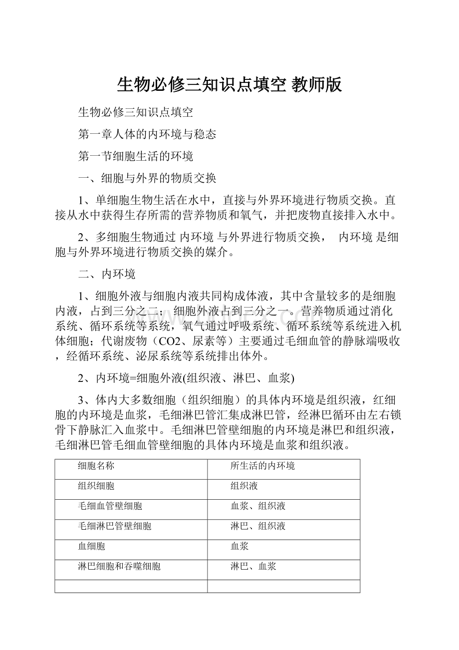 生物必修三知识点填空教师版.docx