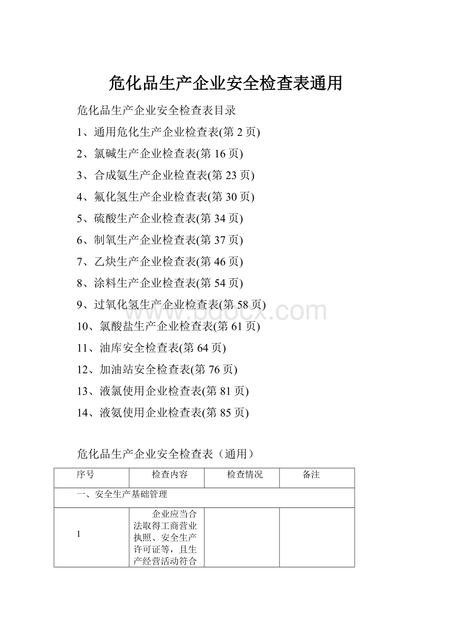 危化品生产企业安全检查表通用Word文档格式.docx