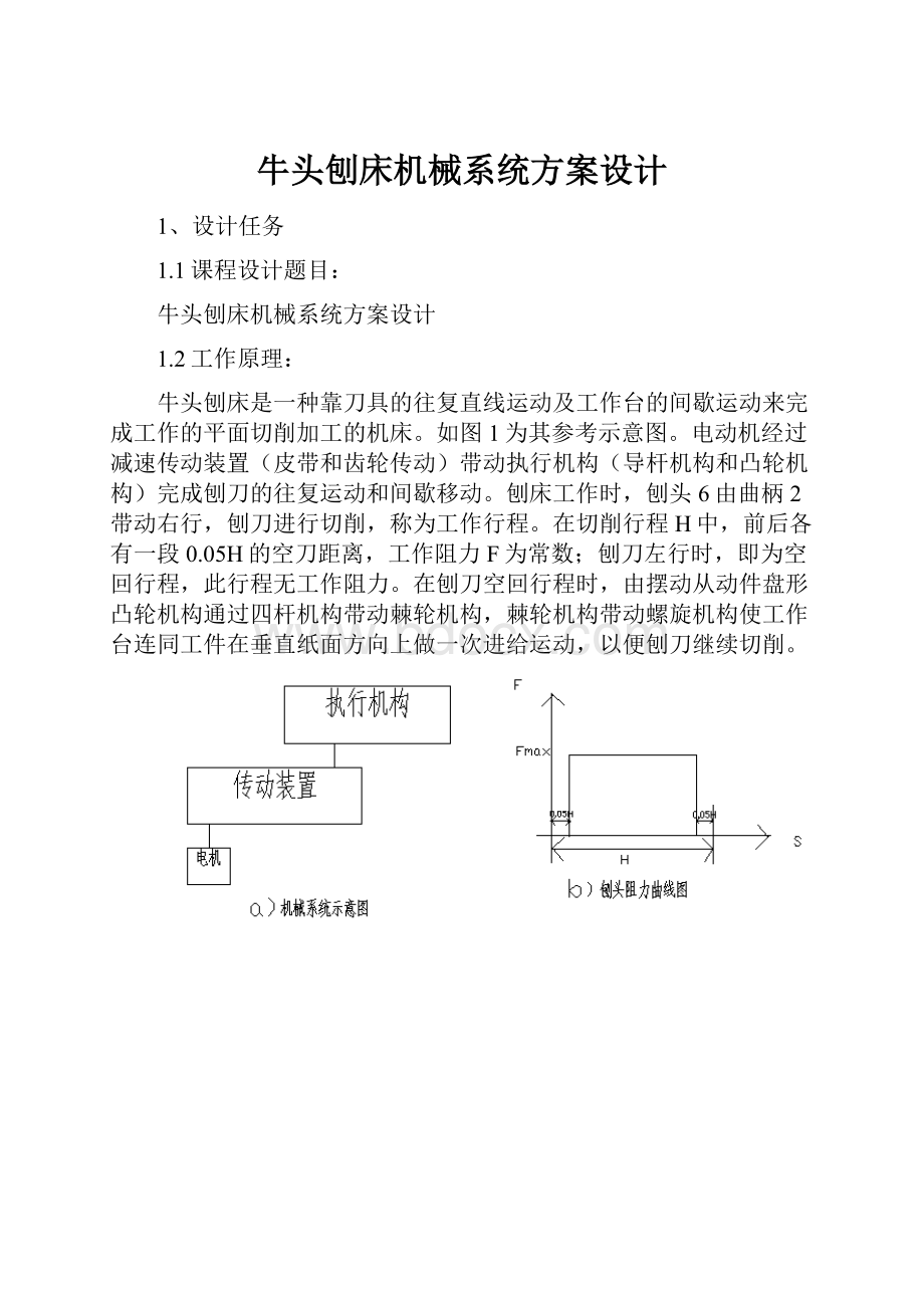 牛头刨床机械系统方案设计Word格式文档下载.docx_第1页