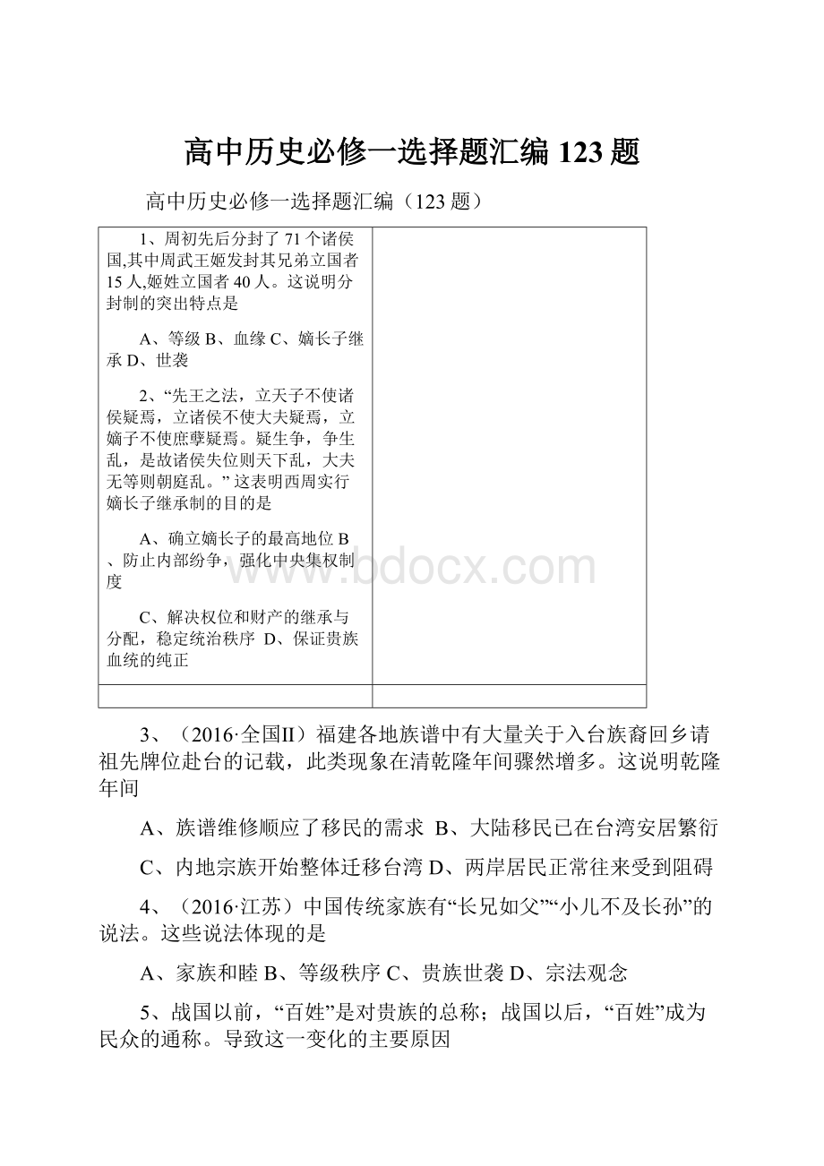 高中历史必修一选择题汇编123题Word格式.docx_第1页