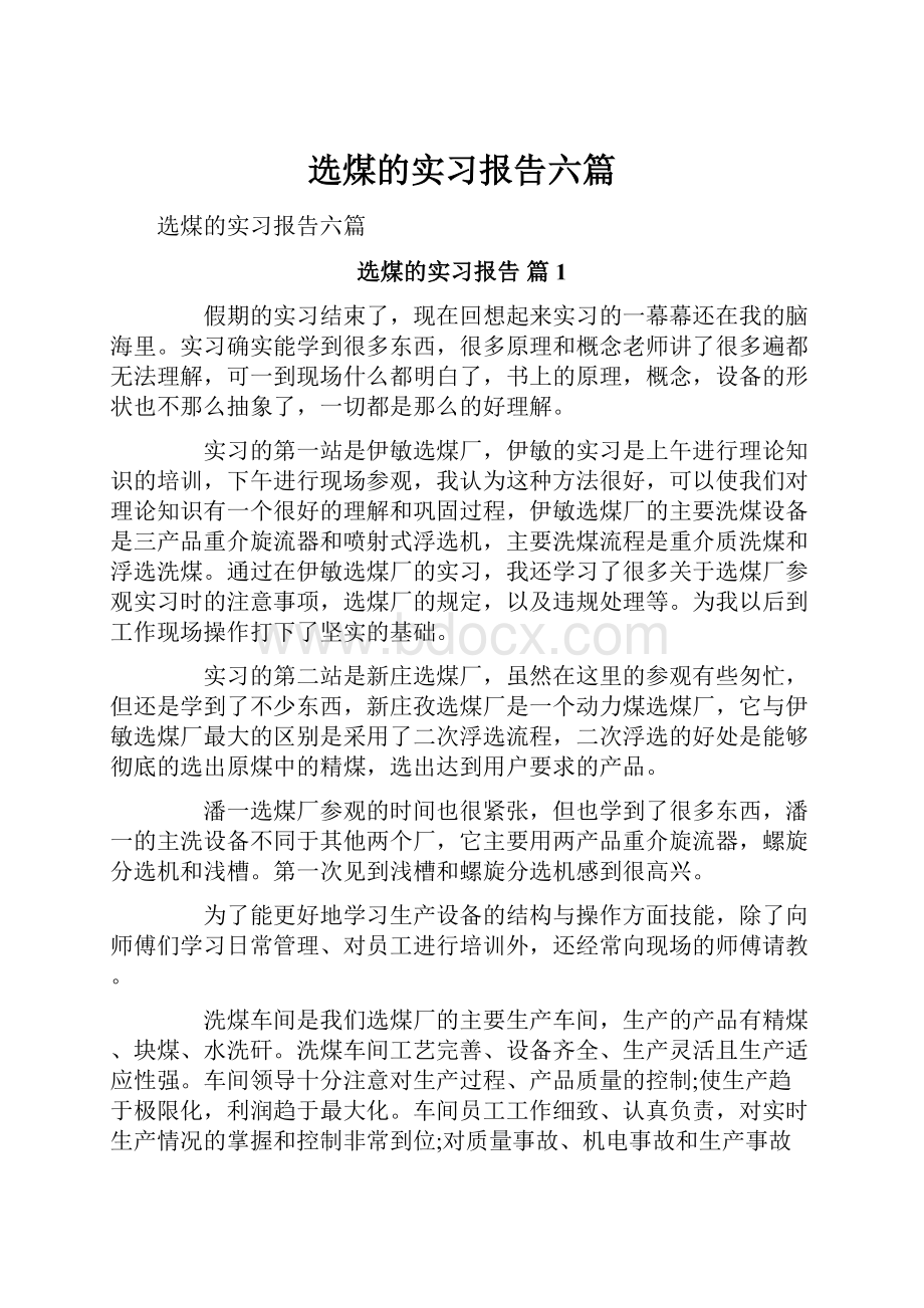 选煤的实习报告六篇Word格式文档下载.docx