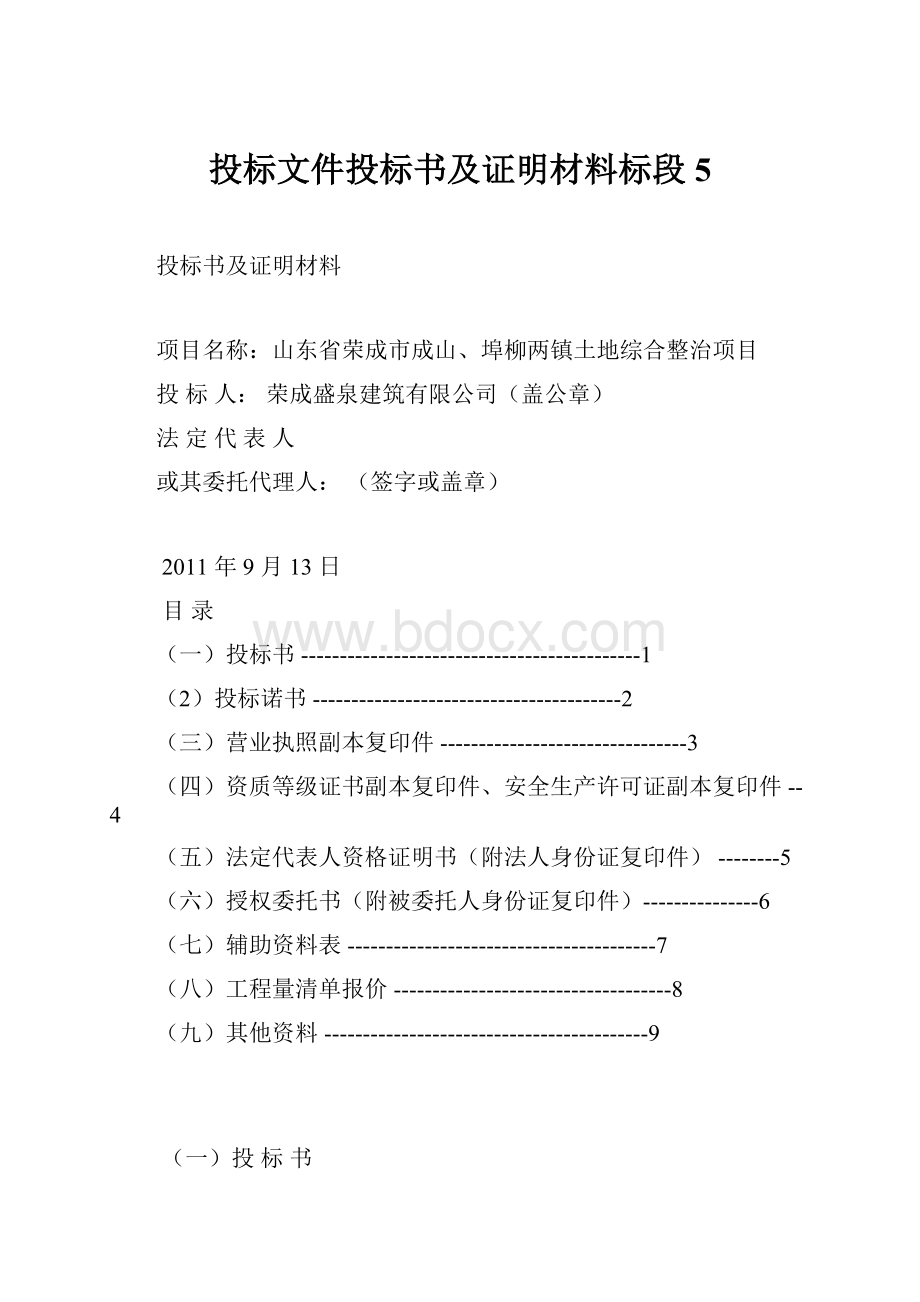 投标文件投标书及证明材料标段5.docx_第1页