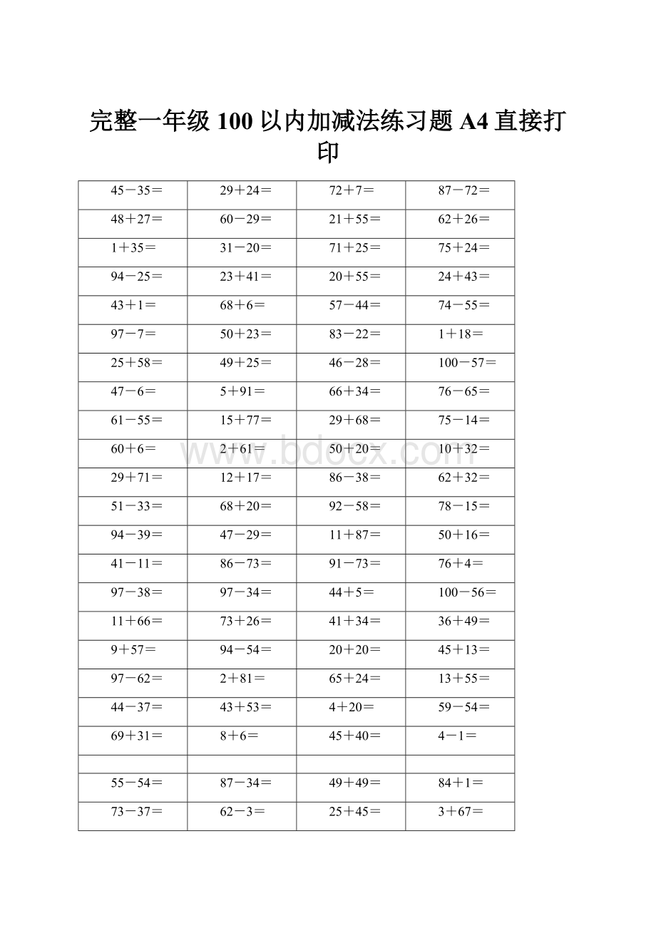 完整一年级100以内加减法练习题A4直接打印.docx_第1页