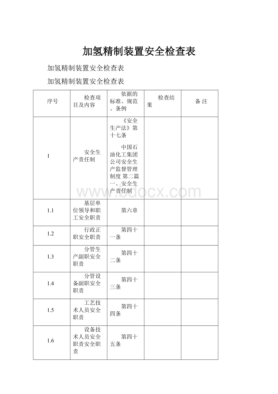 加氢精制装置安全检查表Word文件下载.docx