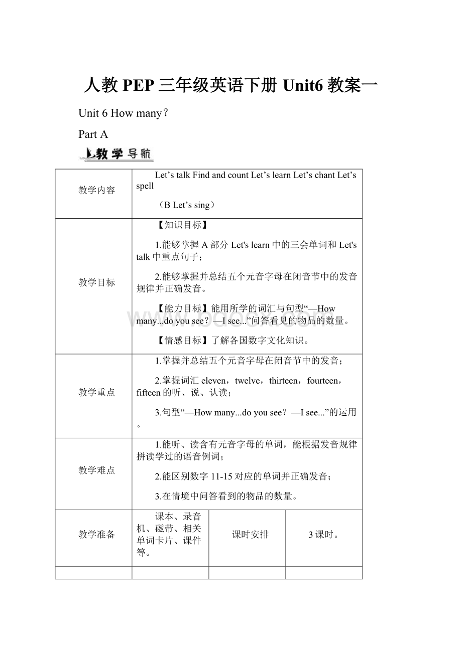 人教PEP三年级英语下册Unit6教案一.docx