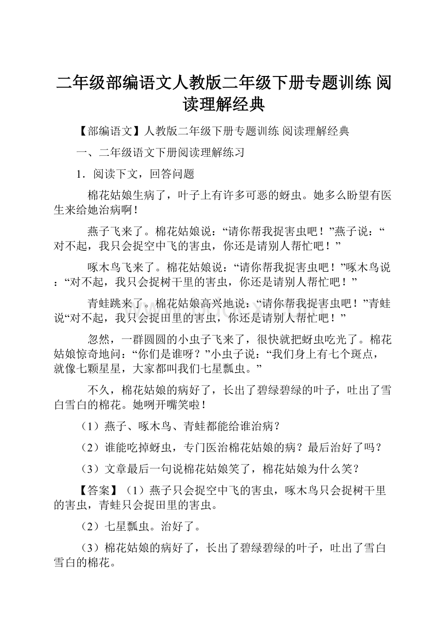 二年级部编语文人教版二年级下册专题训练 阅读理解经典.docx