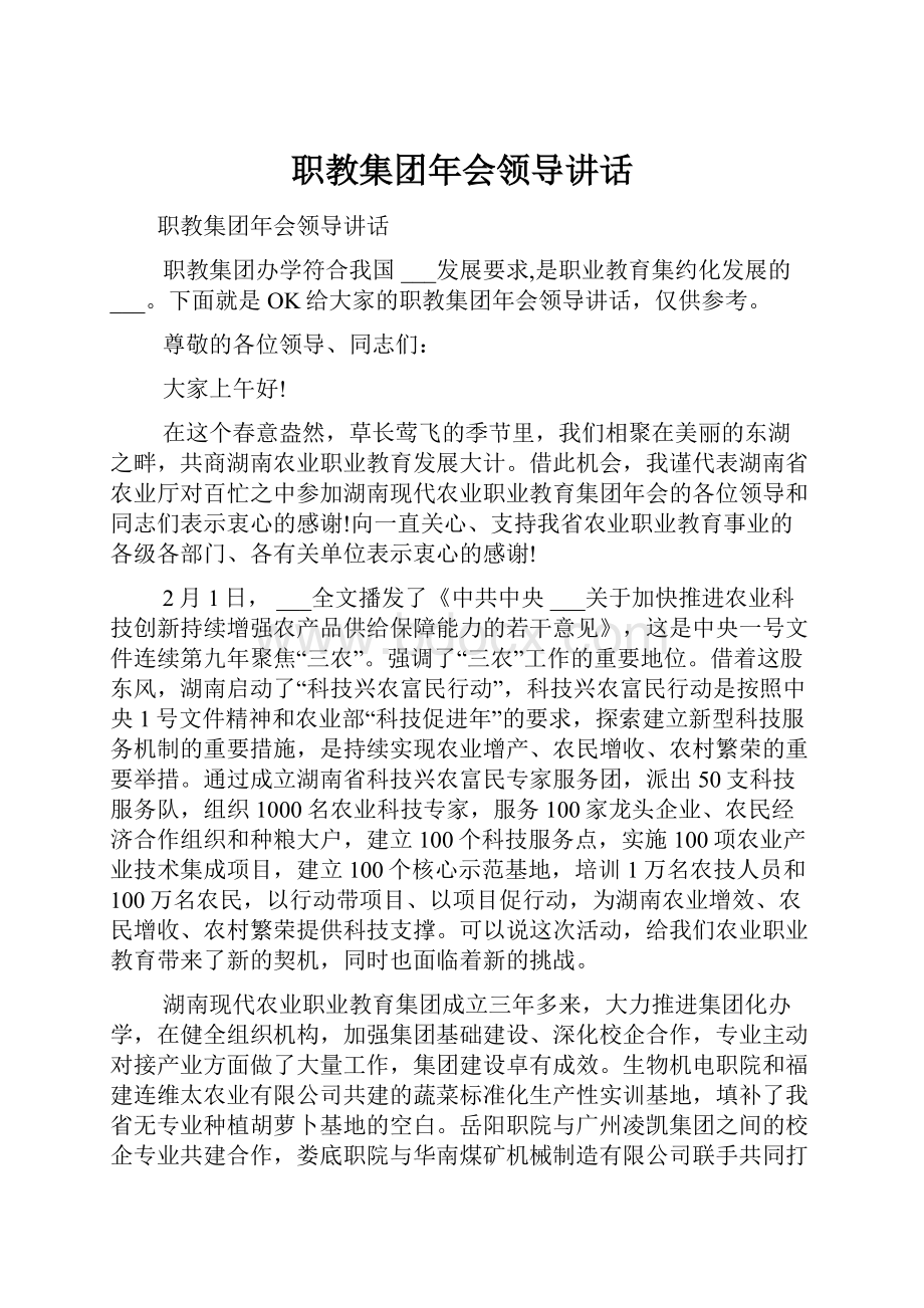 职教集团年会领导讲话Word格式文档下载.docx