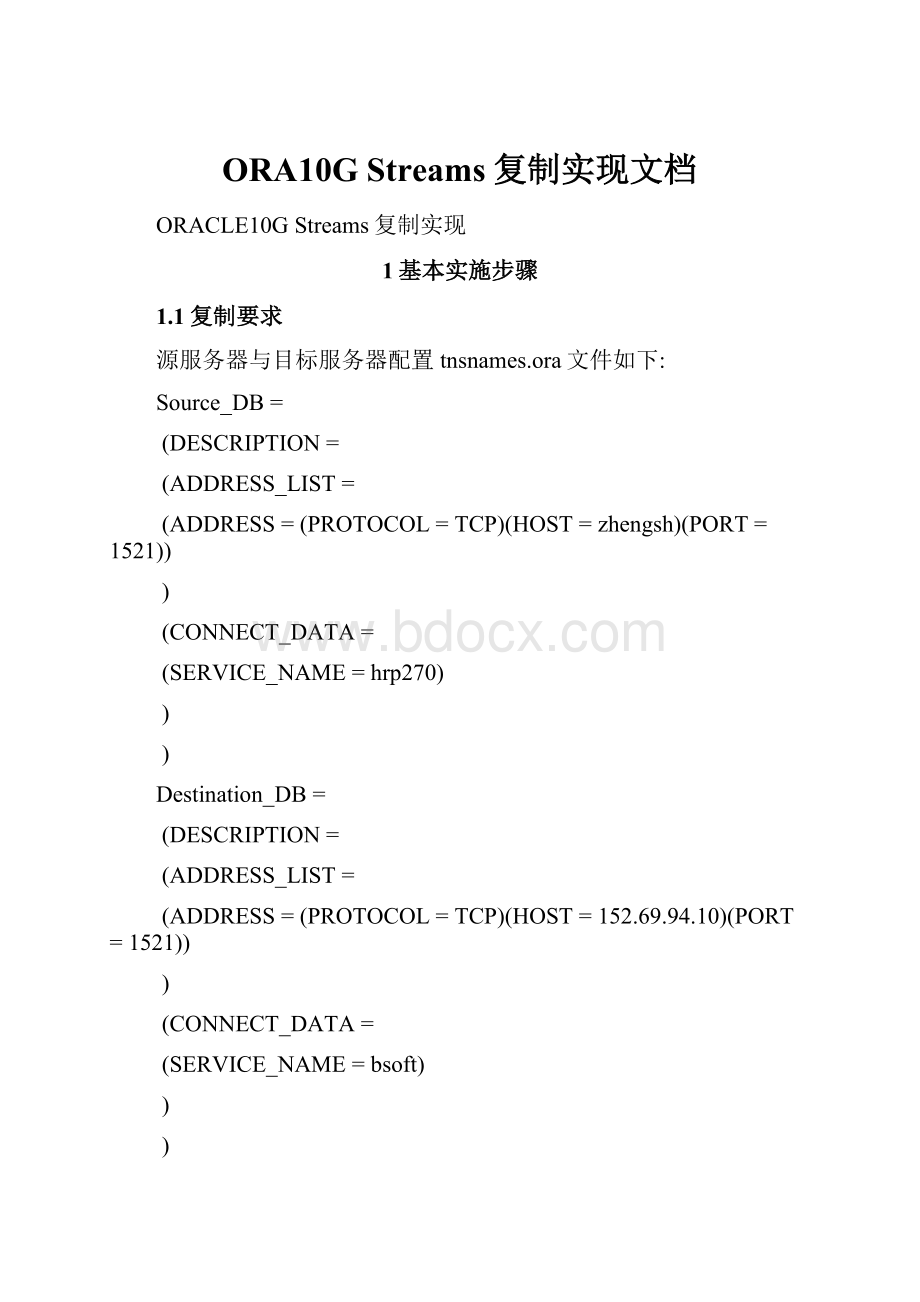 ORA10G Streams复制实现文档Word格式.docx