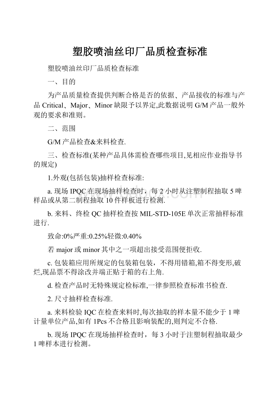 塑胶喷油丝印厂品质检查标准Word格式.docx_第1页