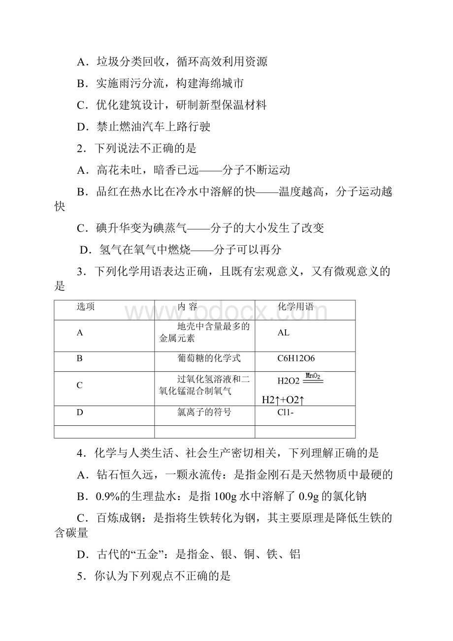 二〇一八年东营市初中学业水平考试化学试题及答案.docx_第2页