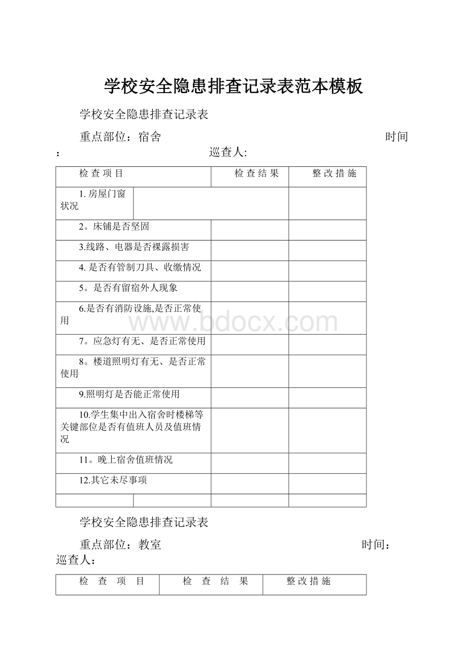 学校安全隐患排查记录表范本模板.docx_第1页