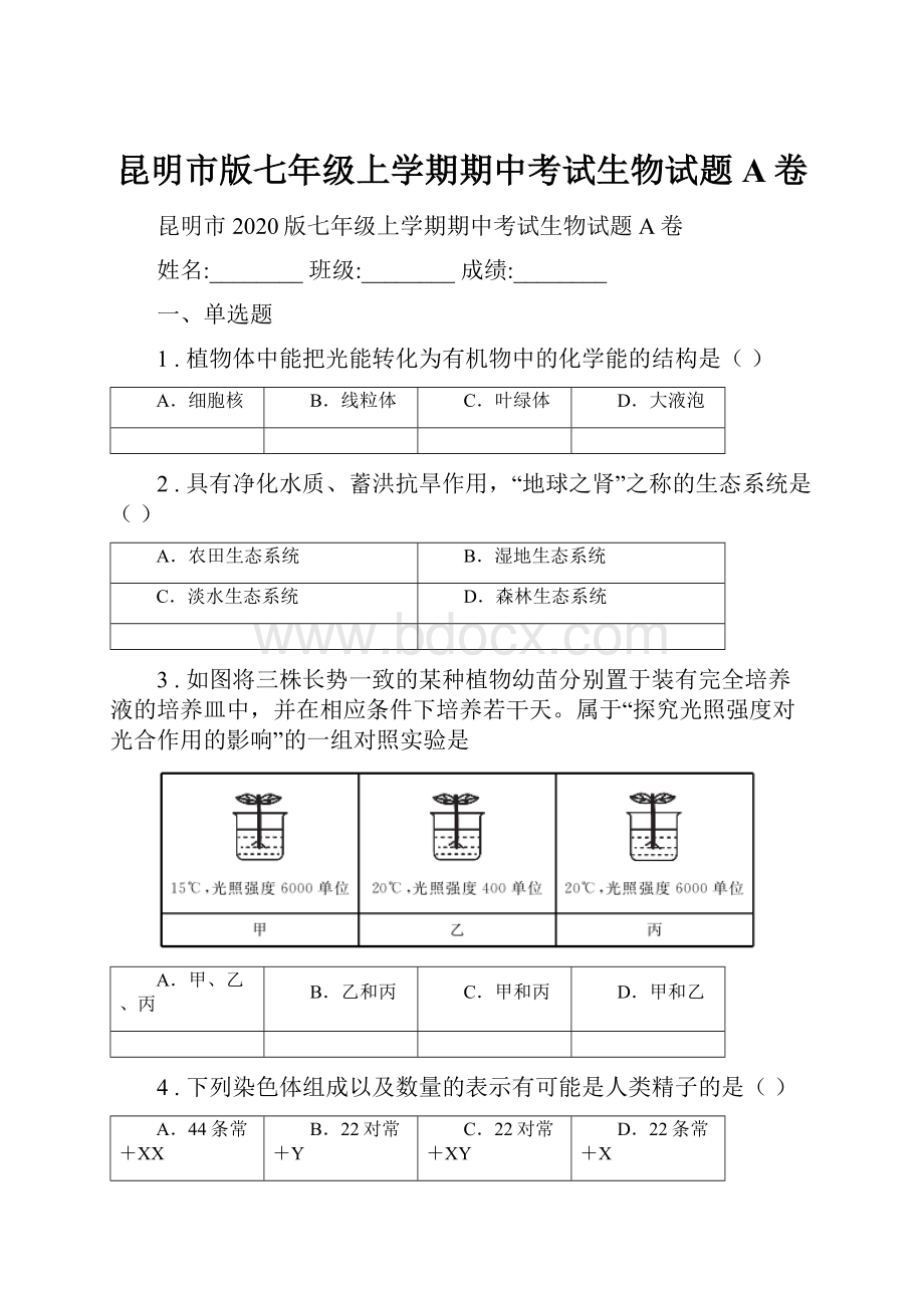 昆明市版七年级上学期期中考试生物试题A卷.docx