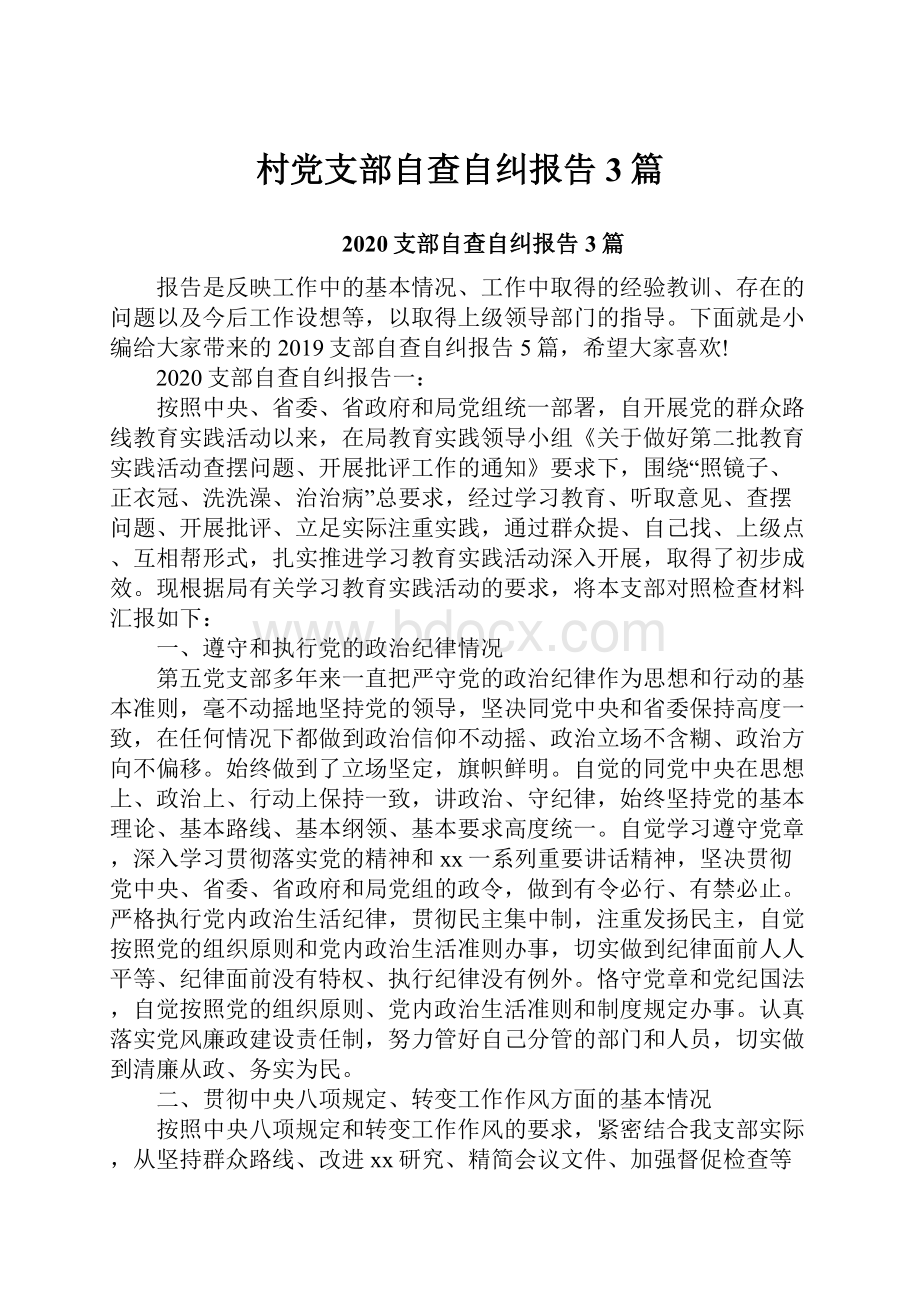 村党支部自查自纠报告3篇Word格式文档下载.docx_第1页