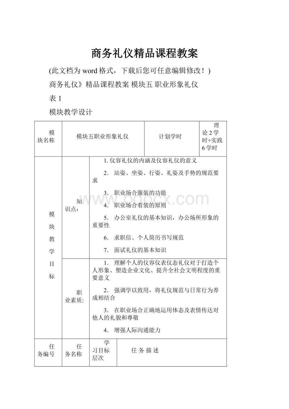 商务礼仪精品课程教案Word下载.docx