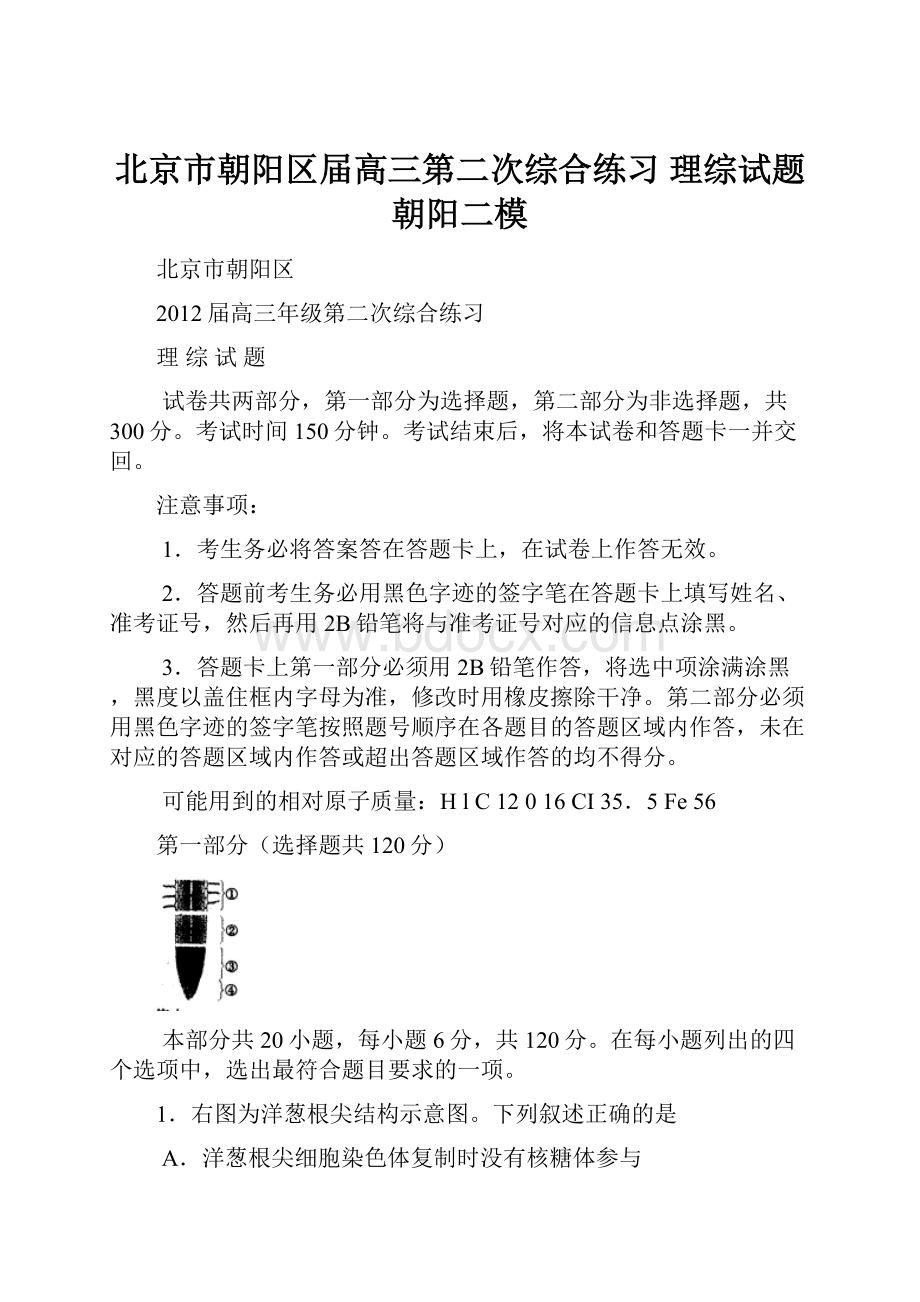 北京市朝阳区届高三第二次综合练习 理综试题朝阳二模Word文档格式.docx