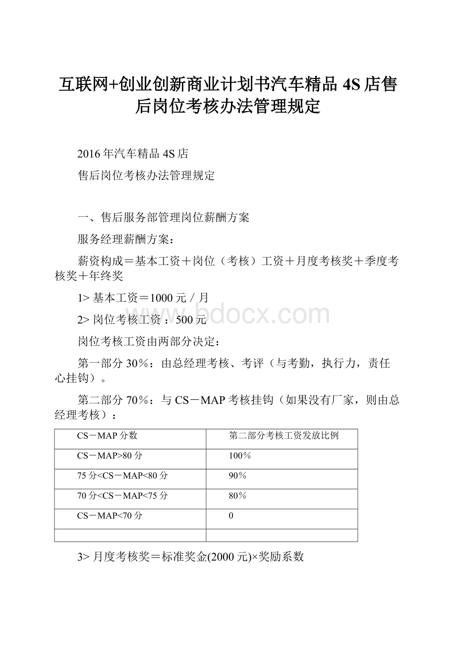 互联网+创业创新商业计划书汽车精品4S店售后岗位考核办法管理规定Word格式.docx