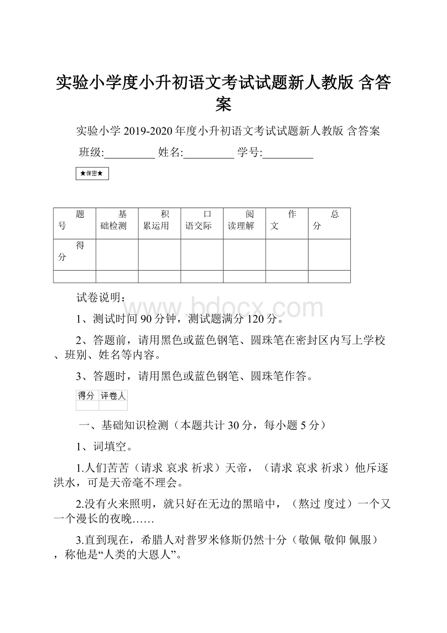 实验小学度小升初语文考试试题新人教版 含答案文档格式.docx