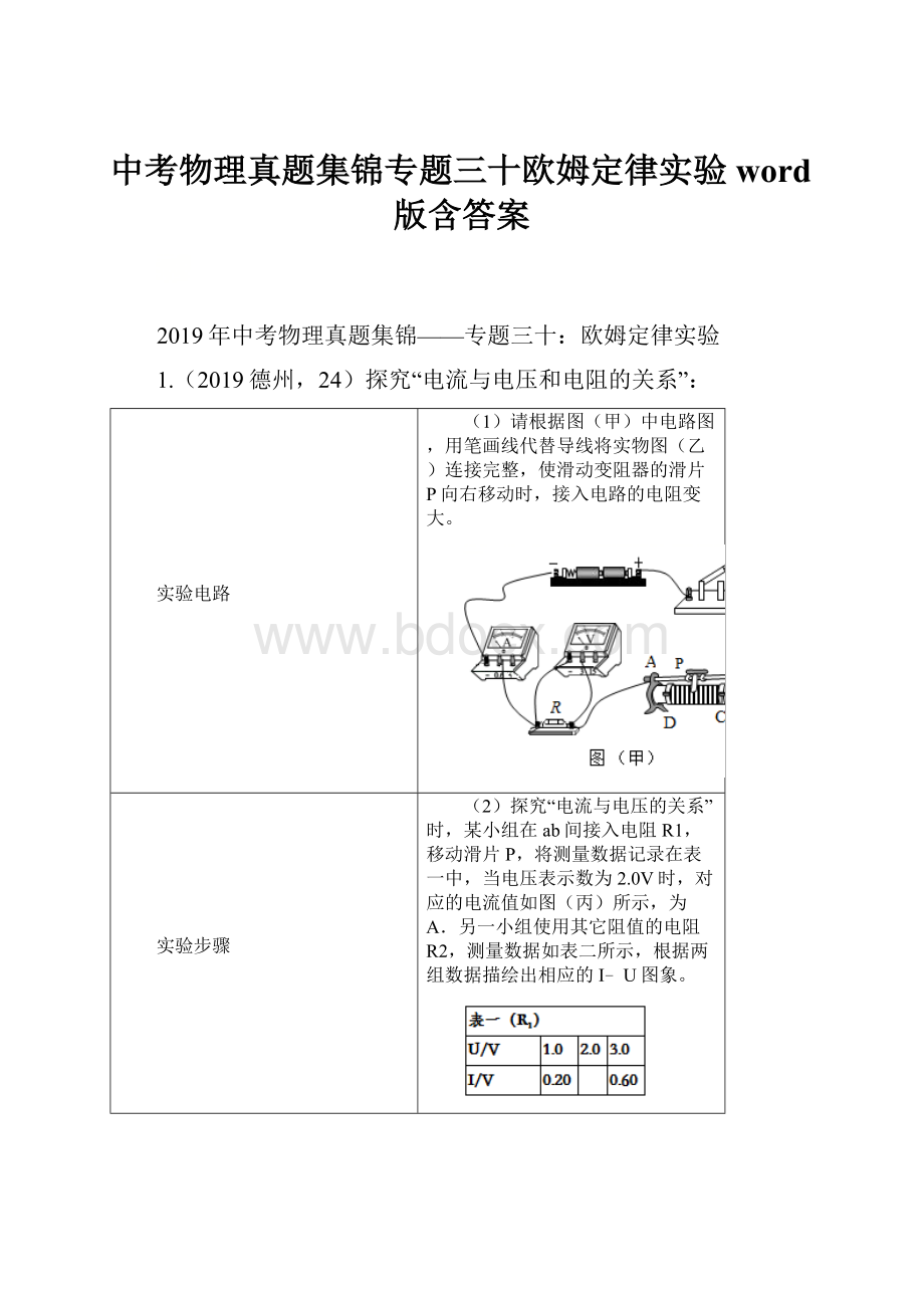 中考物理真题集锦专题三十欧姆定律实验word版含答案.docx