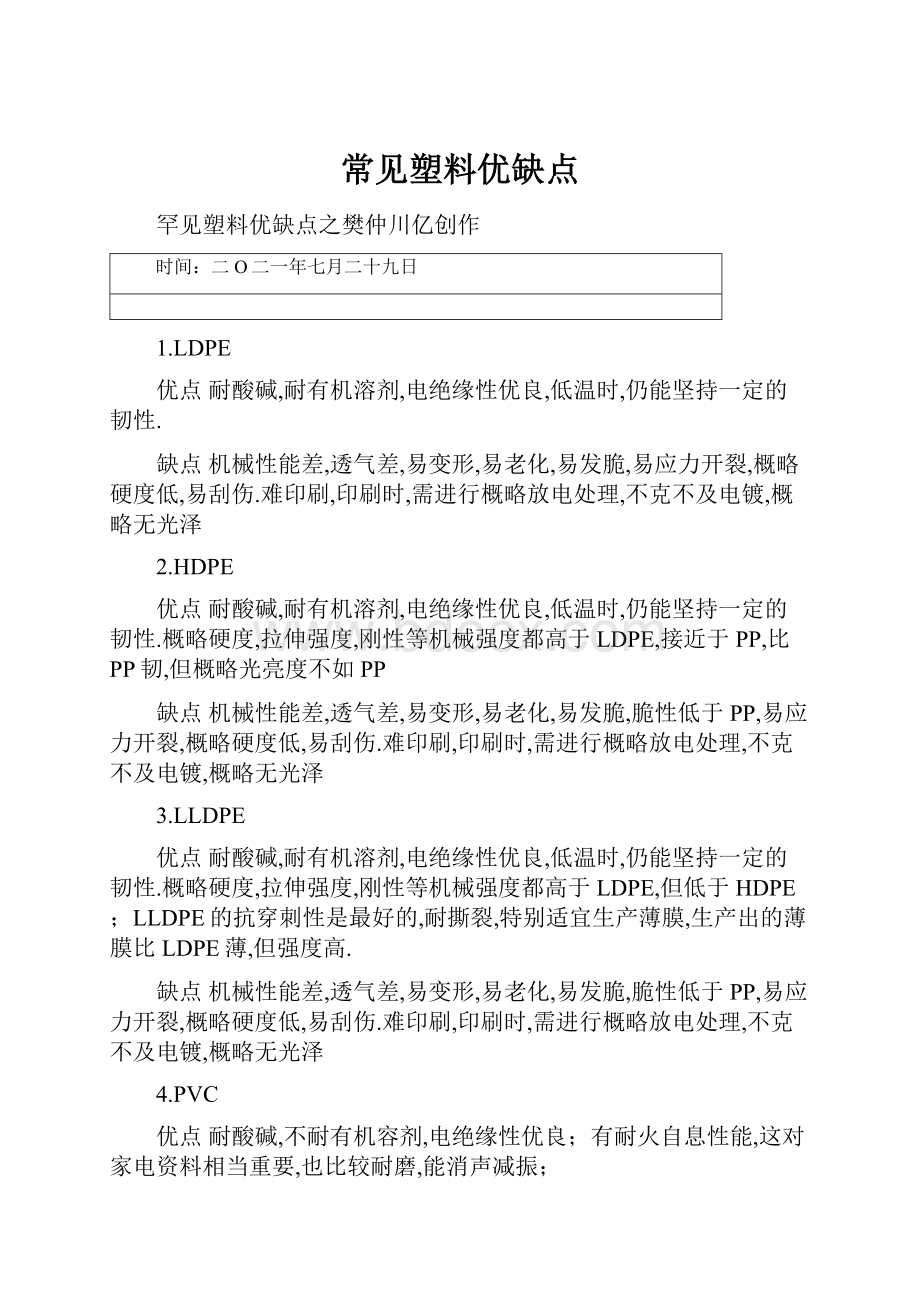 常见塑料优缺点Word文档下载推荐.docx