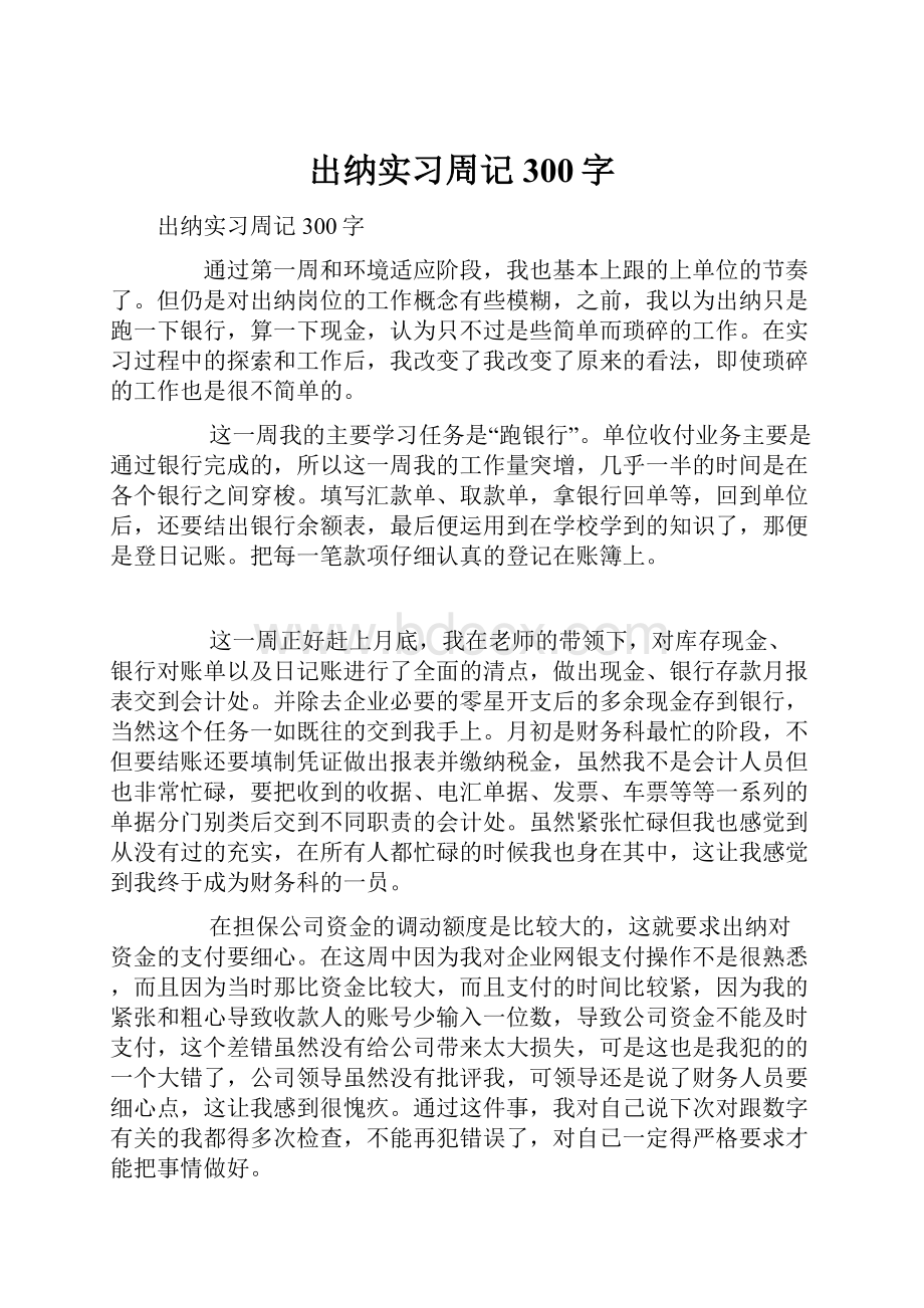 出纳实习周记300字文档格式.docx