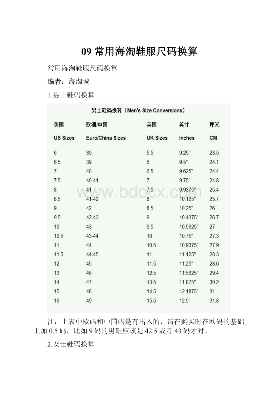 09 常用海淘鞋服尺码换算.docx