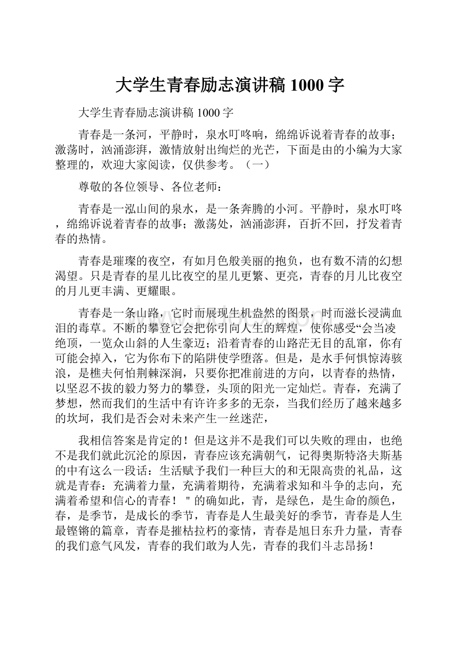 大学生青春励志演讲稿1000字Word格式文档下载.docx_第1页