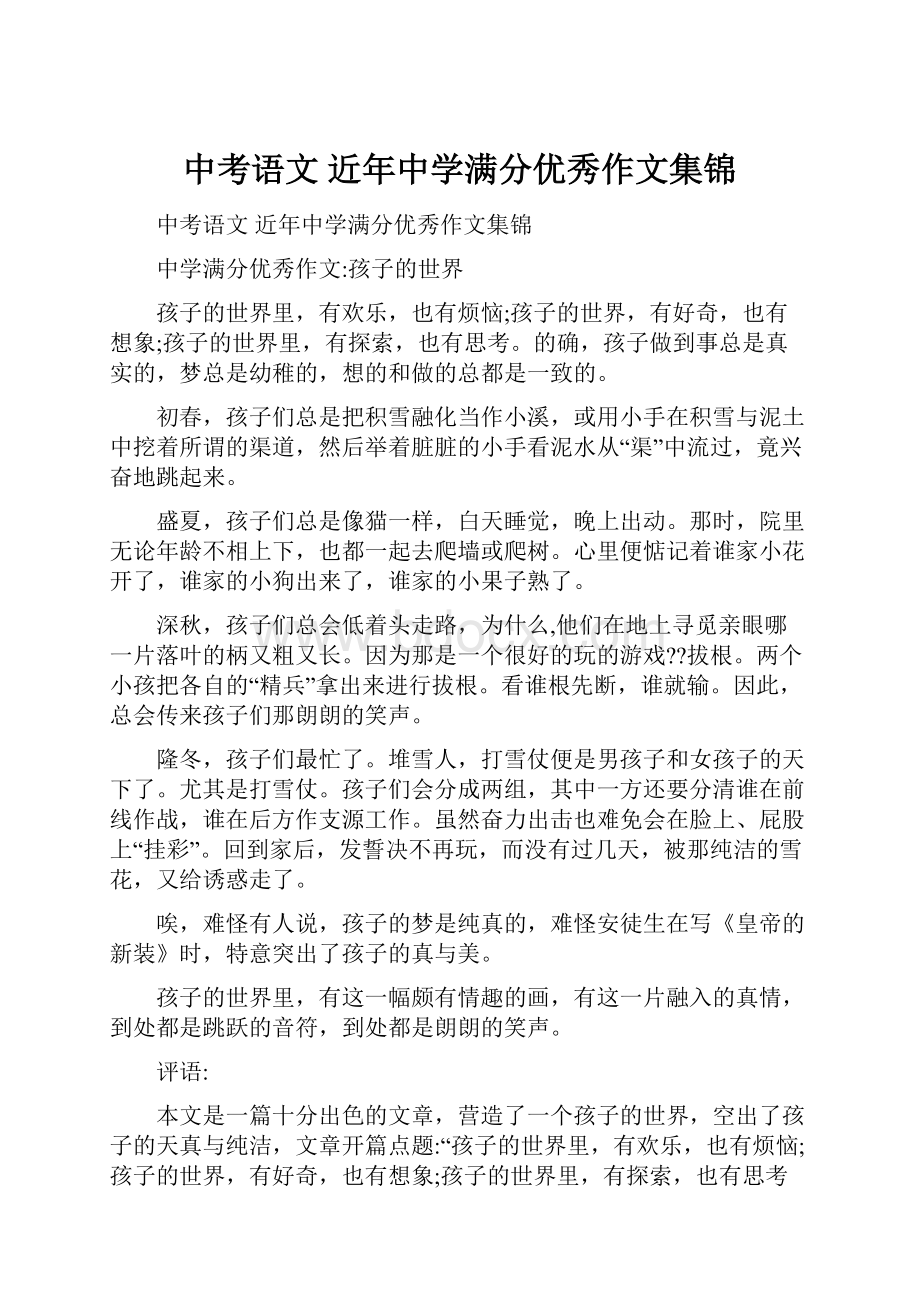 中考语文 近年中学满分优秀作文集锦Word文档下载推荐.docx_第1页