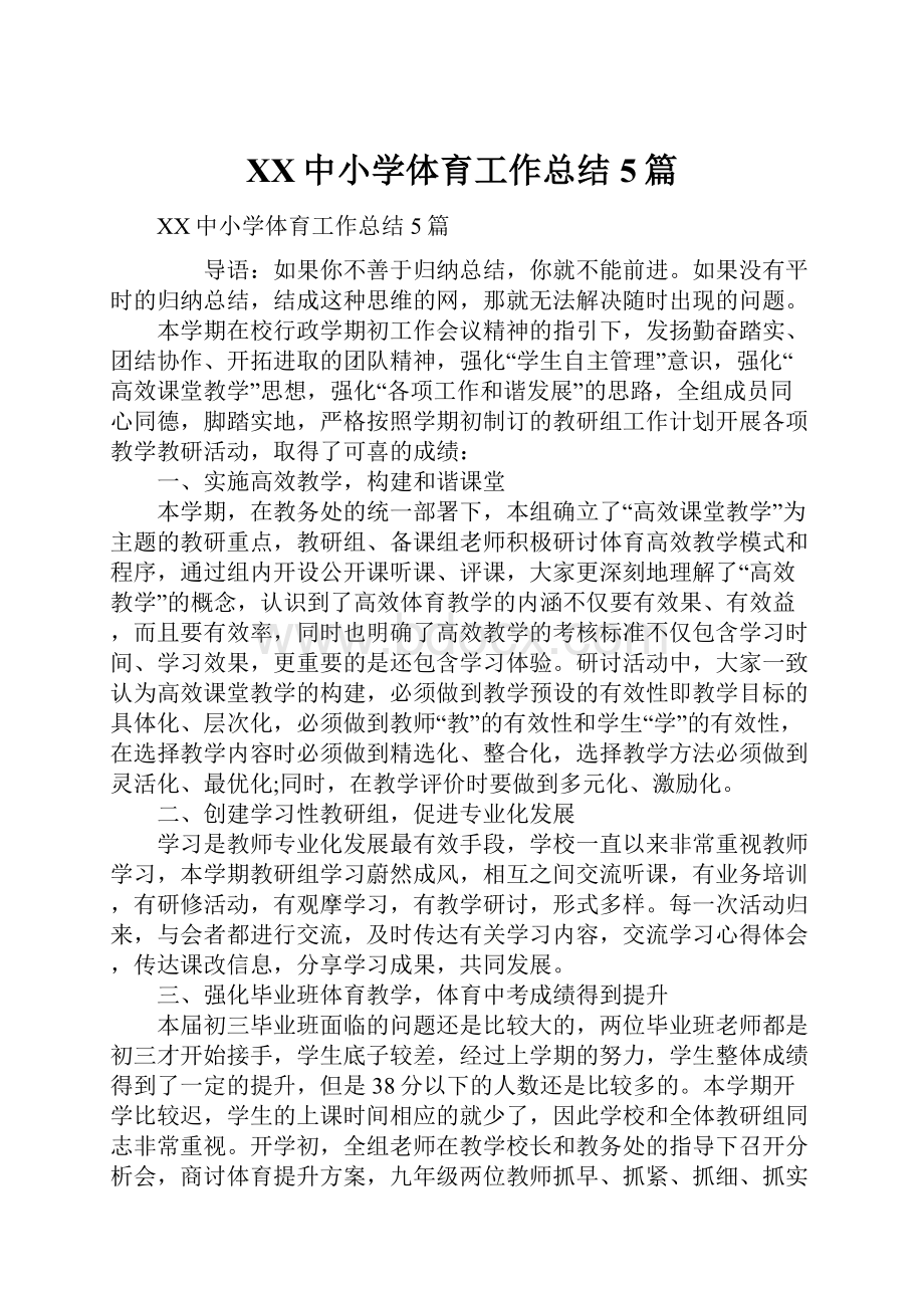 XX中小学体育工作总结5篇Word格式文档下载.docx_第1页