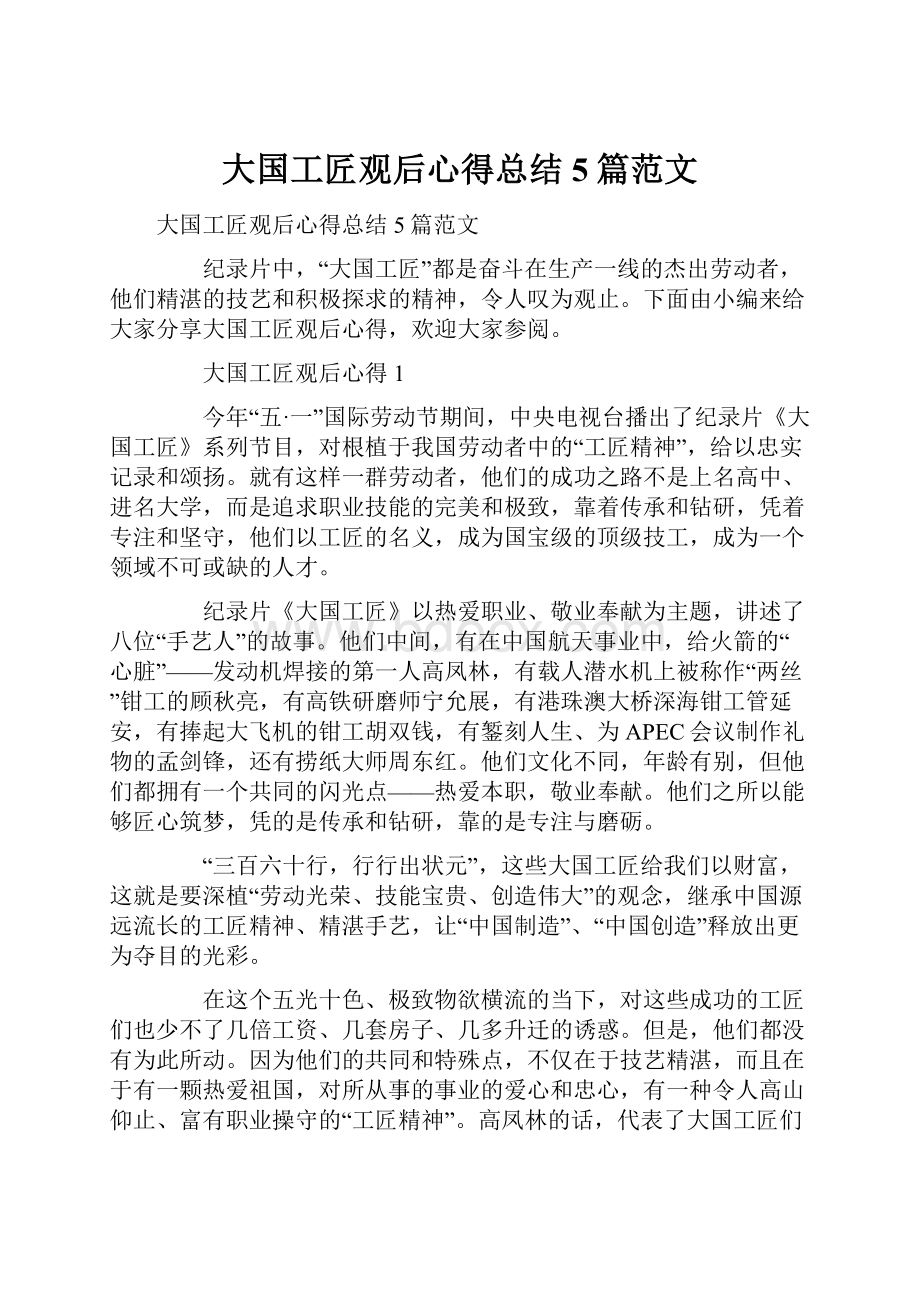 大国工匠观后心得总结5篇范文Word文件下载.docx