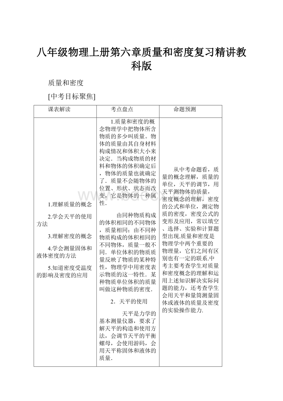 八年级物理上册第六章质量和密度复习精讲教科版Word格式.docx