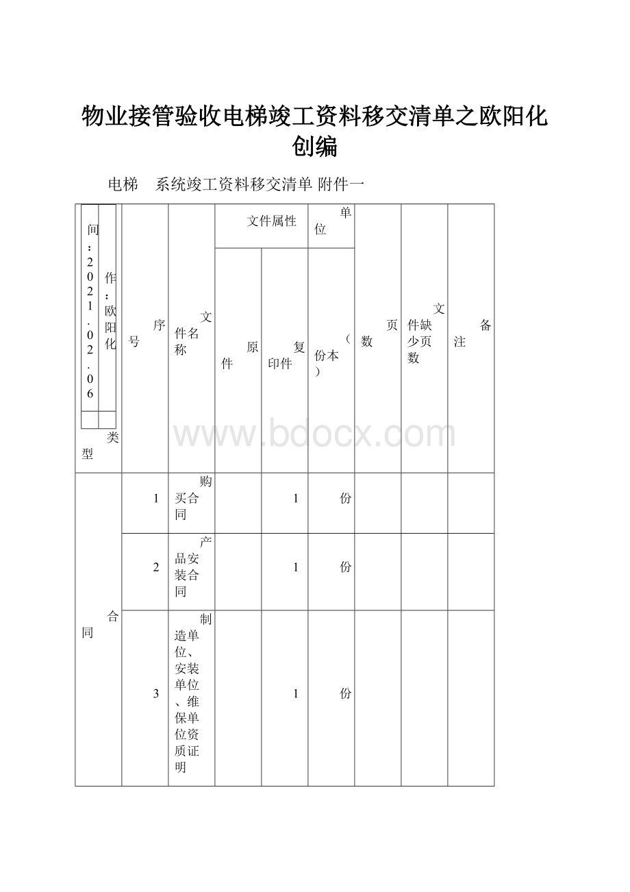 物业接管验收电梯竣工资料移交清单之欧阳化创编.docx_第1页