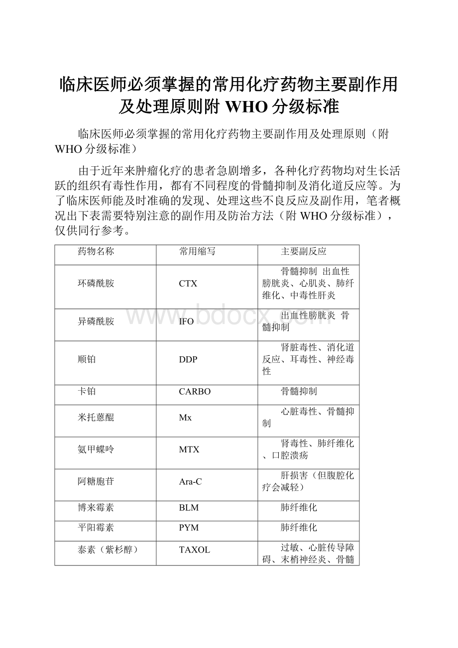 临床医师必须掌握的常用化疗药物主要副作用及处理原则附WHO分级标准.docx_第1页