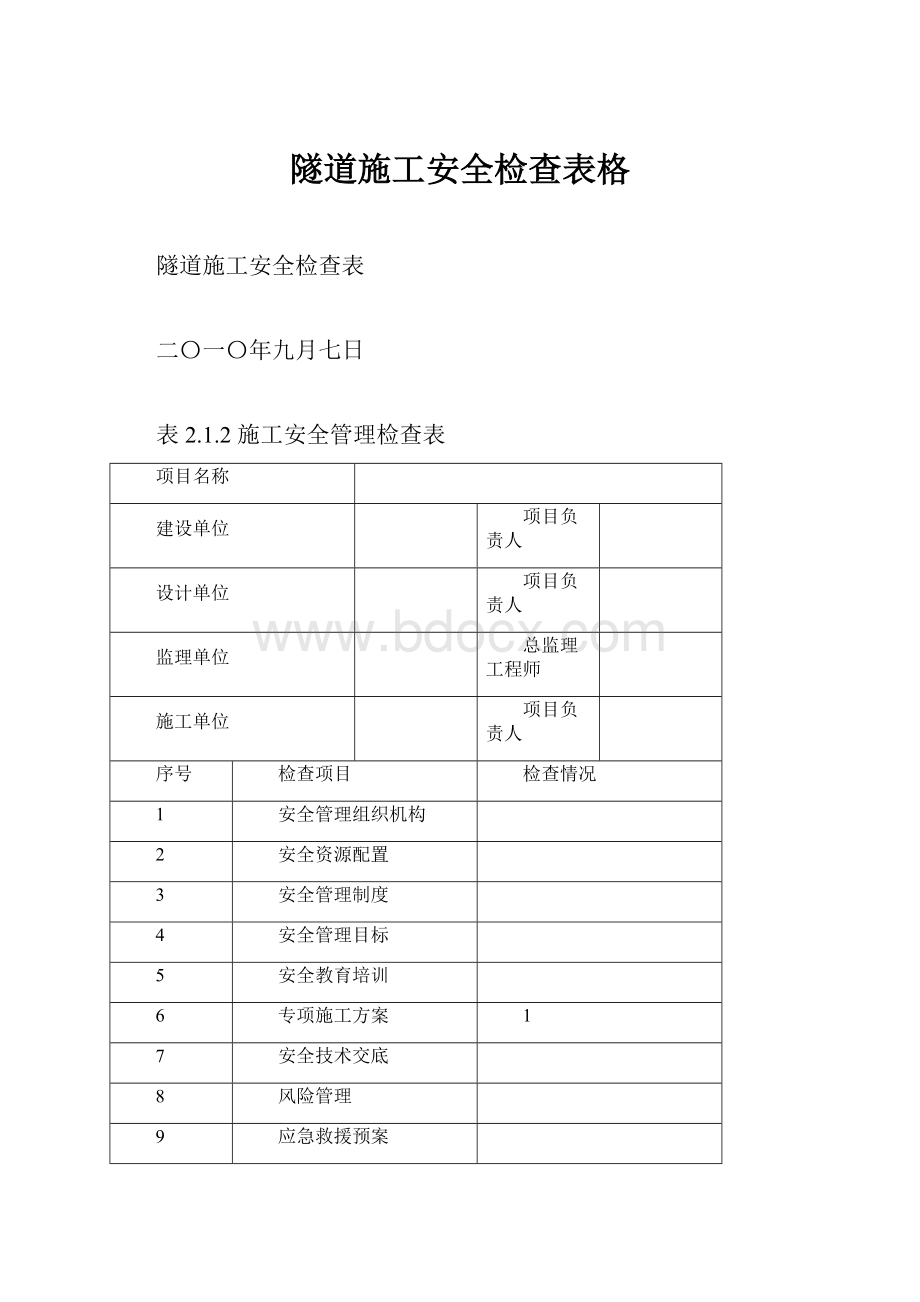 隧道施工安全检查表格Word文档格式.docx_第1页